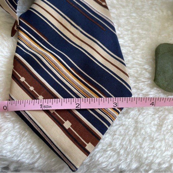 H.A.&E. Smith Ltd. Traditional Width Diagonal Striped Navy, Tan, and Brown Tie - Picture 6 of 8